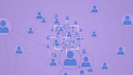 Animation-of-marker-flashing,-network-of-connections-with-people-icons-on-purple-background