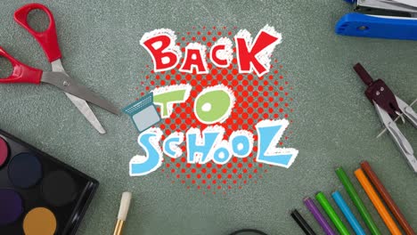 Animation-of-laptop-and-schoolbag-bouncing-on-text-back-to-school-over-desk-with-stationery