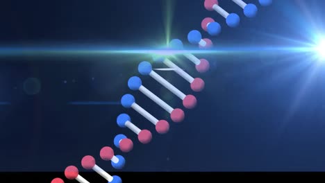 Animation-of-dna-strand-spinning-with-glowing-light-on-blue-background