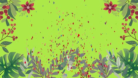 Animation-Von-Konfetti,-Das-über-Blumen-Auf-Grünem-Hintergrund-Fällt