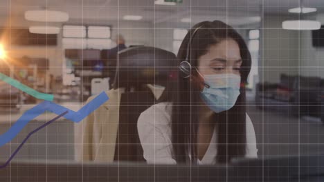 Animation-of-data-processing-with-blue-lines-over-woman-wearing-face-mask-in-office