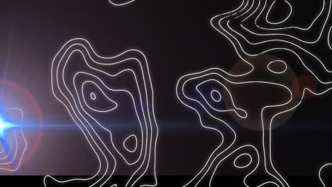 Animation-of-topographic-map-lines-moving-and-glowing-light-on-blue-background