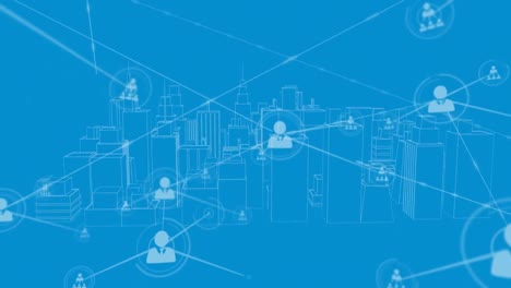 Animation-Des-Netzwerks-Von-Verbindungen-Mit-Menschensymbolen-über-Dem-Stadtbild-Auf-Blauem-Hintergrund
