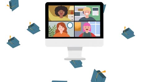 Animation-of-falling-mortarboards-and-computer-video-call-screen-on-white