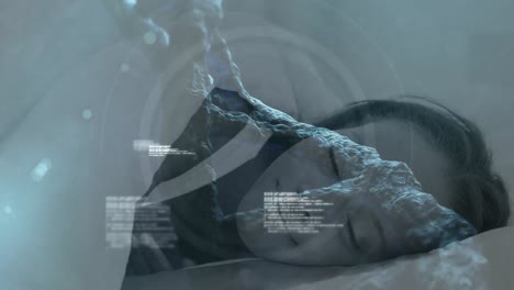 Animation-of-dna-strand-and-scientific-data-processing-over-sleeping-woman
