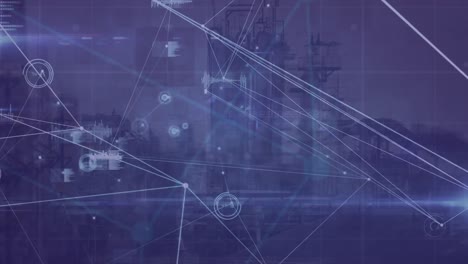 Animation-Eines-Netzwerks-Von-Verbindungen-Mit-Datenverarbeitung-über-Dem-Stadtbild-Auf-Violettem-Hintergrund