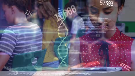Animation-of-dna-strand,-numbers-changing-with-female-student-using-tablet