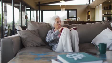 Senior-mixed-race-woman-sitting-on-sofa-reading-book