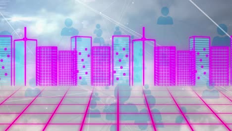 Animation-of-pink-grid-and-cityscape-over-network-of-connections-and-blue-sky
