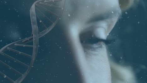 Animation-of-dna-strand-over-woman's-blue-eye