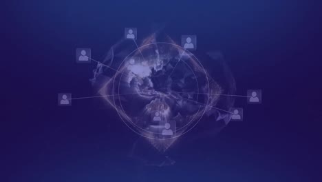 Animation-Des-Netzwerks-Von-Verbindungen-Mit-Menschensymbolen-über-Dem-Globus-Auf-Violettem-Hintergrund