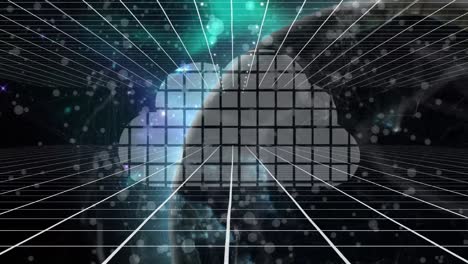 Animation-of-digital-cloud-forming-from-squares,-network-of-connections-and-turning-globe-in-space