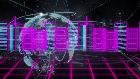 Animation-Eines-Netzwerks-Von-Verbindungen-über-Den-Globus-Und-Eines-3D-Stadtbildes-über-Einem-Gitter