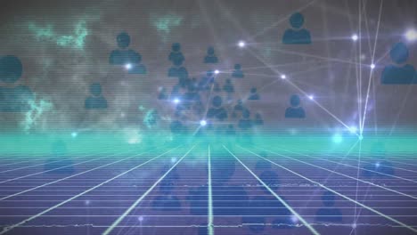 Animation-of-glowing-network-of-connections-with-people-icons,-on-green-grid-and-black