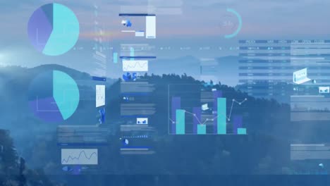 Animation-Von-Statistiken-Und-Finanzdatenverarbeitung-über-Landschaft-Auf-Blauem-Hintergrund