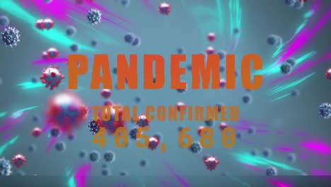 Animation-of-pandemic-data-processing-with-covid-19-cells-floating-on-blue-background