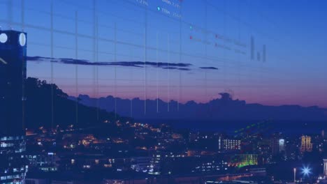 Animation-of-statistics-and-financial-data-processing-over-cityscape-on-blue-background