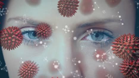 Animation-of-covid-19-cells-and-molecules-over-woman's-face
