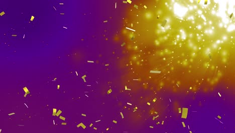 Animation-of-gold-confetti-falling-over-glowing-spots-on-purple-background
