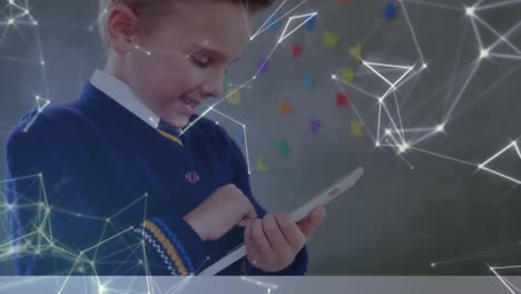 Animation-of-network-of-connections-with-schoolboy-using-tablet