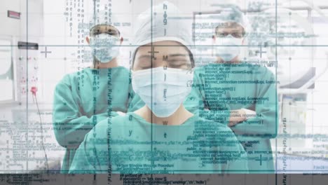 Animation-of-data-processing-over-surgeons-in-face-masks-and-grid