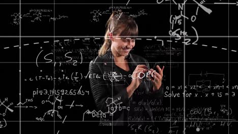 Animation-of-mathematical-equations-over-happy-woman-using-smartphone