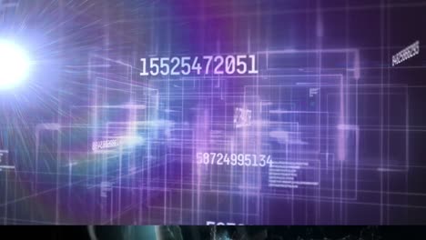 Animation-of-numbers-changing-and-data-processing-over-glowing-light-over-grid-on-purple-background