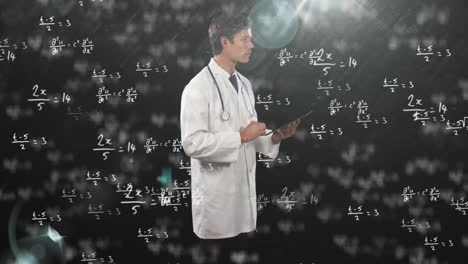 Animation-Mathematischer-Gleichungen-über-Einem-Männlichen-Arzt,-Der-Ein-Tablet-Verwendet
