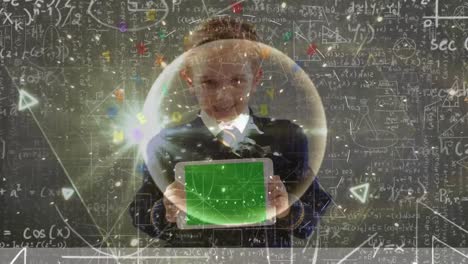 Animation-of-numbers-changing-and-network-of-connections-schoolboy-using-tablet-with-green-screen