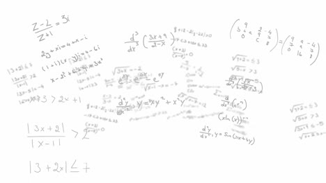 Animation-of-mathematical-equations-floating-over-white-background