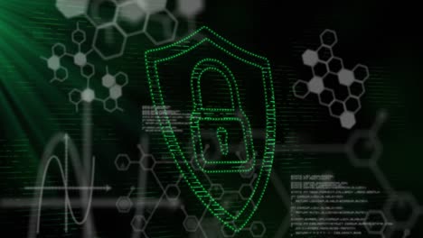 Animation-of-green-dot-padlock-symbol,-with-information-and-data-processing-on-black