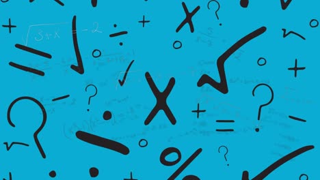Símbolos-Matemáticos-Y-Ecuaciones-Flotando-Contra-El-Icono-Del-Edificio-Escolar-Sobre-Fondo-Azul