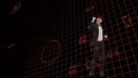 Animation-of-data-processing-and-mathematical-equations-over-businessman-jumping-with-joy
