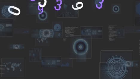 Animation-of-numbers-changing-and-data-processing-over-screens-on-grey-background
