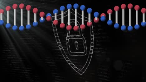 Animation-Eines-Rotierenden-3D-DNA-Strangs,-Mit-Weißem-Punkt-Vorhängeschloss-Symbol,-Auf-Schwarz-Mit-Lichtern