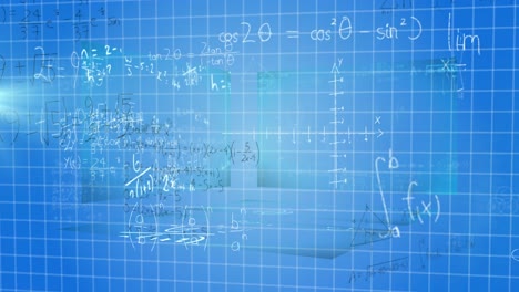 Digitale-Animation-Von-Bildschirmen-Mit-Mathematischen-Gleichungen-über-Einem-Gitternetz-Auf-Blauem-Hintergrund