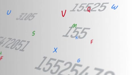 Digital-animation-of-multiple-changing-numbers-and-alphabets-floating-against-grey-background