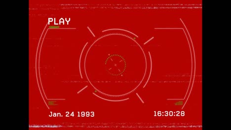 Animation-of-play-digital-interface-text-with-glitch-and-scope-on-red-background