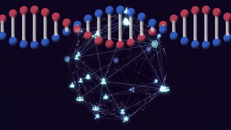 Animation-of-rotating-3d-dna-strand,-with-globe-network-of-connected-icons,-on-black