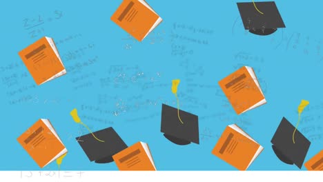 Animation-of-mathematical-equations-and-graduation-hats-on-blue-background