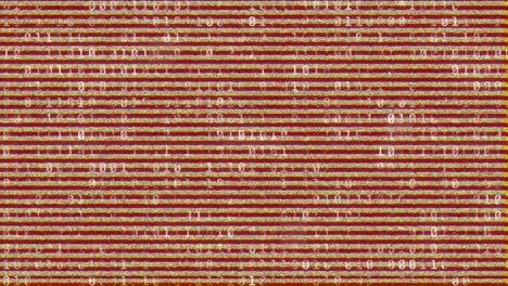 Animation-of-digital-screen-with-binary-coding-and-glitch-on-red-background