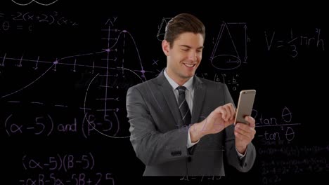 Animation-of-data-processing-and-mathematical-equations-over-businessman-using-smartphone