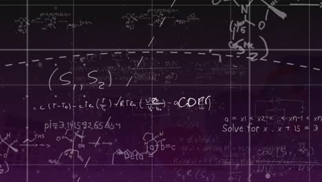 Animation-of-mathematical-equations-and-lines-on-purple-background