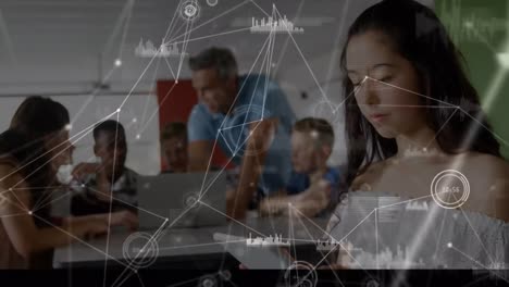 Animation-of-network-of-connections-over-female-student-using-tablet