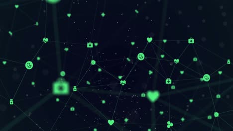 Animation-of-network-of-connections-with-digital-icons-on-black-background