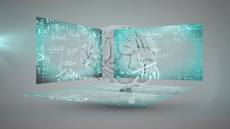 Menschliches-Gehirn-Dreht-Sich-Vor-Bildschirmen-Mit-Mathematischen-Gleichungen-Und-Hellem-Fleck-Auf-Grauem-Hintergrund