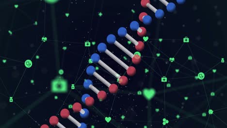 Animation-of-rotating-3d-dna-strand,-with-network-of-green-icons-on-black