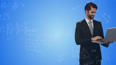 Mathematical-equations-floating-against-caucasian-businessman-using-laptop-against-blue-background