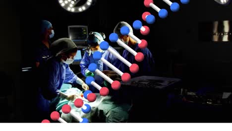 Animation-of-dna-strand-spinning-over-operating-surgeons