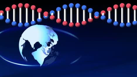 Digitale-Animation-Eines-Chevron-Musters-über-Einem-Sich-Drehenden-Globus-Mit-DNA-Struktur-Auf-Blauem-Hintergrund